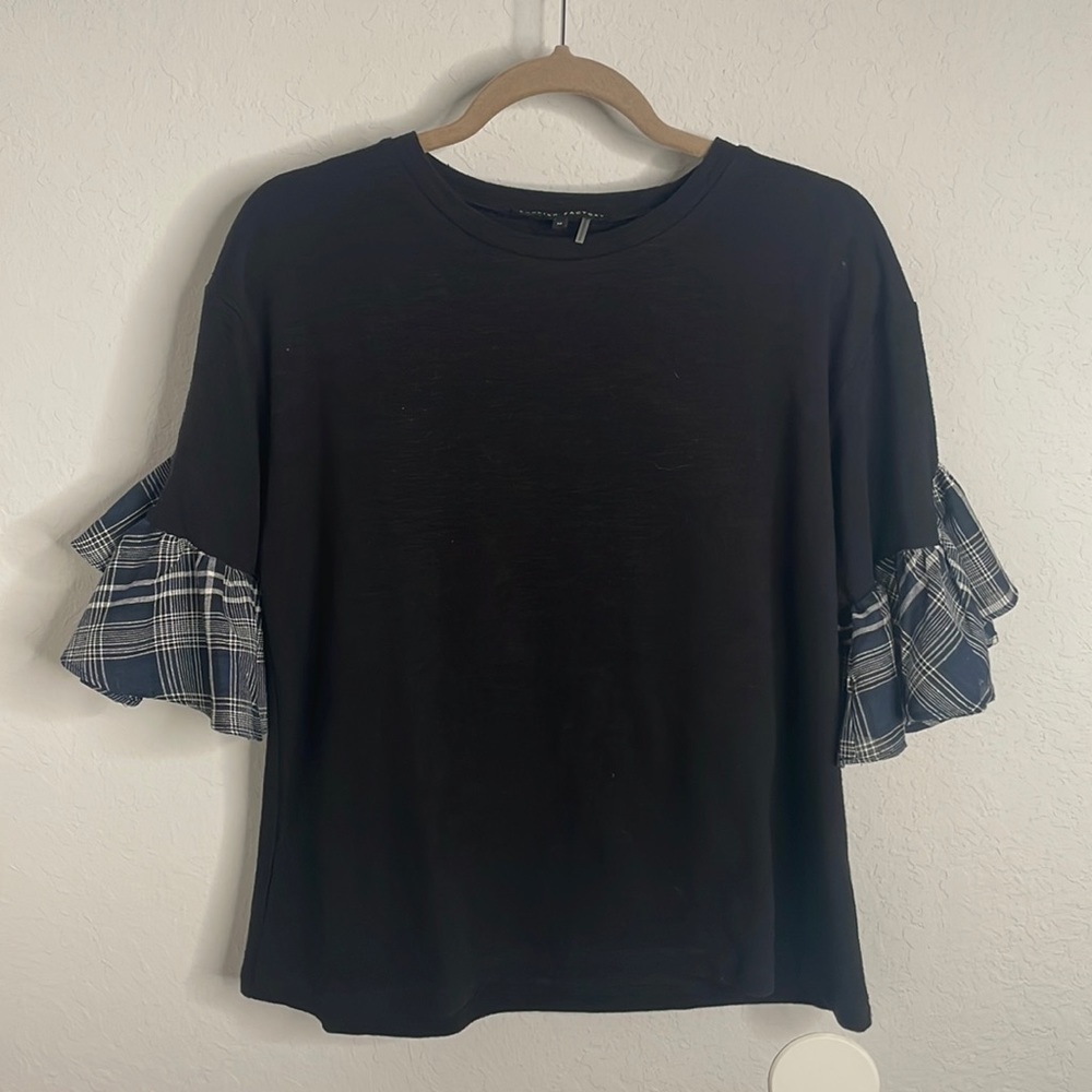 English Factory top with plaid ruffle sleeve